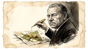 Ilustración en acuarela de Daniel Ortega sosteniendo una pluma dorada que gotea sobre un mapa con lingotes de oro.