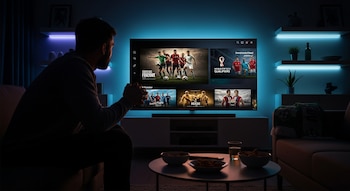 Hombre de espaldas en un sofá mirando una Smart TV con contenido de fútbol en una sala moderna con iluminación azul. Se ve una bufanda de selección nacional y snacks.