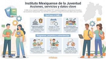 Infografía sobre el Instituto Mexiquense de la Juventud con texto, figuras de jóvenes, libros, engranajes, un mapa del Estado de México e iconos de programas.