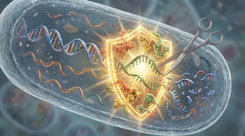 Estructura celular transparente alargada que contiene cadenas de ADN y ARN, proteínas, un escudo brillante y tijeras metálicas cortando ADN.