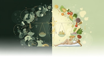 Ilustración conceptual dividida que muestra una figura femenina central, con un lado oscuro de formas abstractas y un lado claro con alimentos y una mujer relajada.