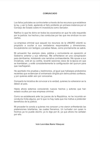 El expresidente del Senado anunció que apelará la decisión de primera instancia dictada en su contra - crédito suministrado a Infobae Colombia