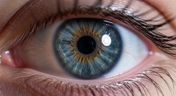 Fotografía macro de un ojo humano con iris azul y marrón, pupila negra, anillo límbico oscuro, esclerótica blanca y pestañas.