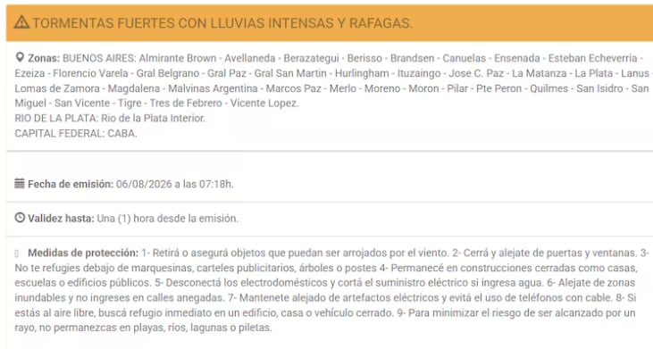 El alerta naranja emitido por el Servicio Meteorológico Nacional incluyó a más de treinta municipios bonaerenses ante el riesgo de tormentas severas (SMN)