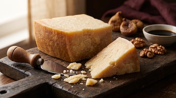 Un bloque y una cuña de queso parmesano, lajas sueltas, un cuchillo corto, nueces e higos secos sobre una tabla de madera.