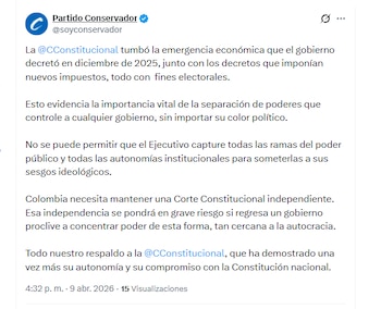O Partido Conservador apoiou o Tribunal Constitucional para derrubar a emergência econômica do Governo Petro - crédito @soyconservador/X