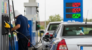 Vista horizontal de una persona llenando un coche gris en una gasolinera; el medidor de la bomba marca menos de 10 galones y un cartel digital muestra precios altos.