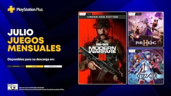 Logo PlayStation Plus y texto 'Julio Juegos Mensuales' con las carátulas de Call of Duty: Modern Warfare III, For The King II y CrossCode para PlayStation 5 y PlayStation 4