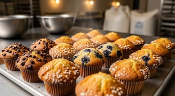 Bandeja metálica con muffins recién horneados de chocolate, arándanos y azúcar perlada. Se ve vapor y el fondo borroso de una panadería industrial.