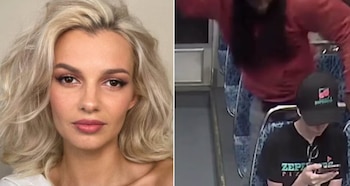 Díptico muestra a Iryna Zarutska con cabello rubio en retrato, y a la derecha, una figura borrosa en rojo apuñalando a alguien sentado en un autobús