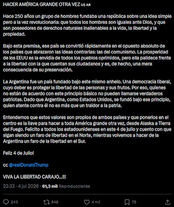 Posteo de Javier Milei por la Independencia de Estados Unidos 4 de Julio