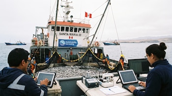 Embarcación pesquera industrial peruana con bandera de Perú, red llena de anchoveta, dos especialistas con tabletas y computadoras, equipos de monitoreo científico.