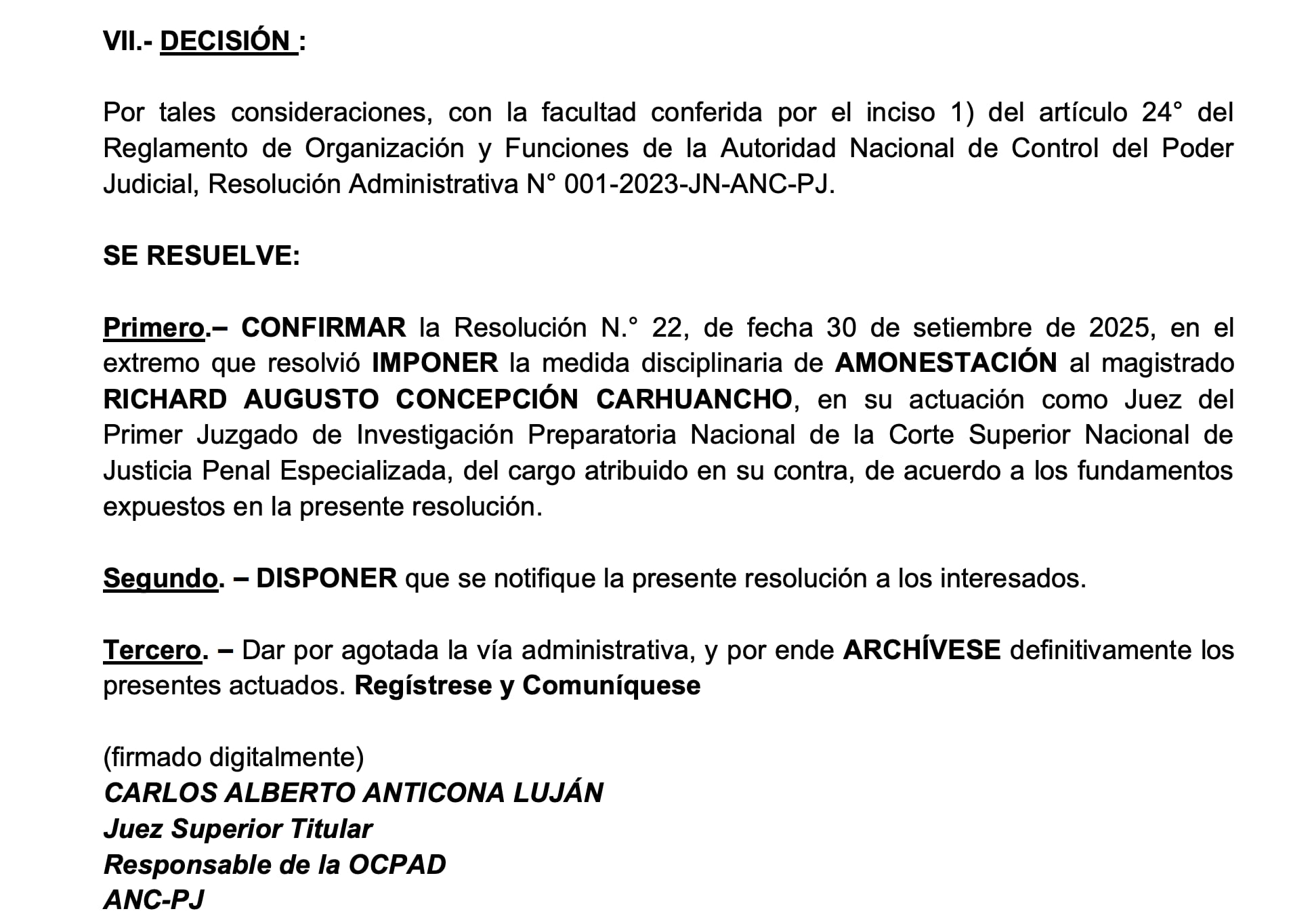 ANC confirma amonestación contra el juez Richard Concepción Carhuancho.