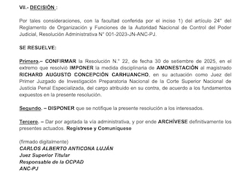 ANC confirma amonestación contra el juez Richard Concepción Carhuancho.