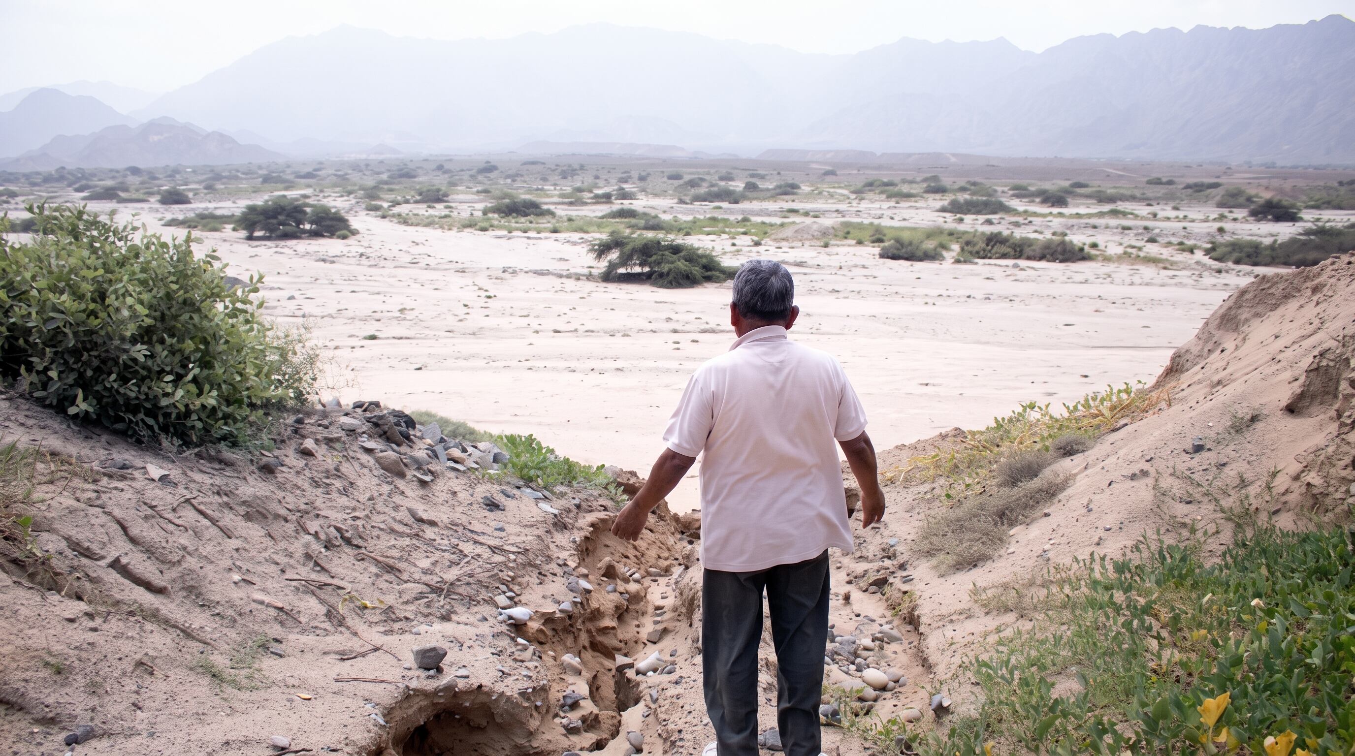 Un hombre contempla una planicie desértica rodeada de montañas desde un terreno con erosión. (Imagen Ilustrativa Infobae)