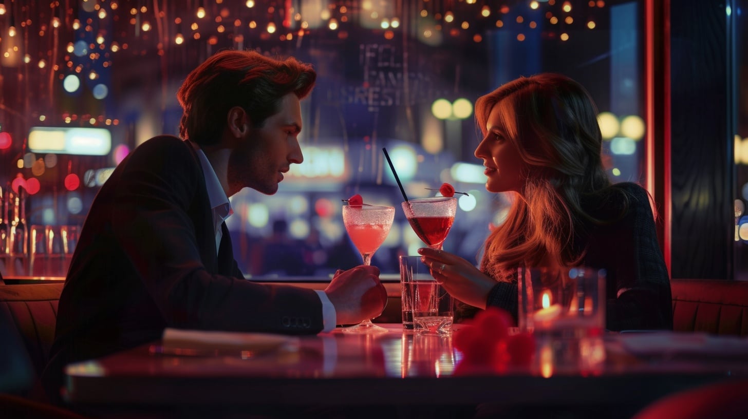 Pareja disfrutando cócteles y cena especial para celebrar una noche romántica de San Valentín - (Imagen Ilustrativa Infobae)