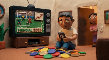 Ilustración stop motion de un hombre angustiado sentado en el suelo con fichas y monedas, mirando su celular; una mujer preocupada lo observa desde un umbral.