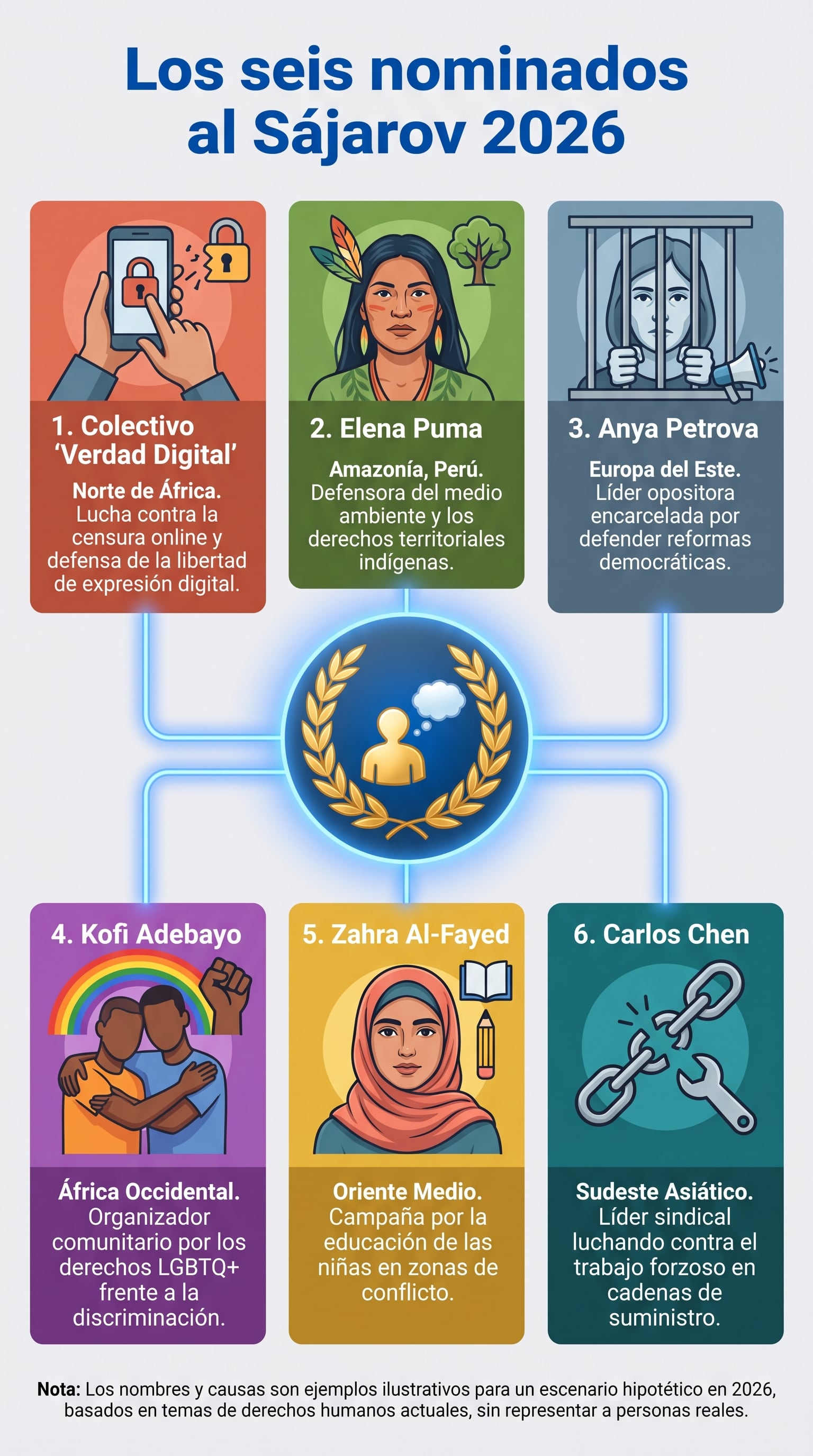 Una infografía sobre el Premio Sájarov 2026 presenta seis ejemplos ilustrativos de activismo y defensa de los derechos humanos en distintas regiones. (Imagen Ilustrativa Infobae)