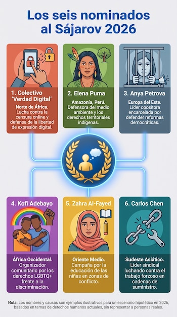 Seis recuadros de colores con ilustraciones y texto rodean un emblema dorado central con una corona de laurel y una silueta humana.