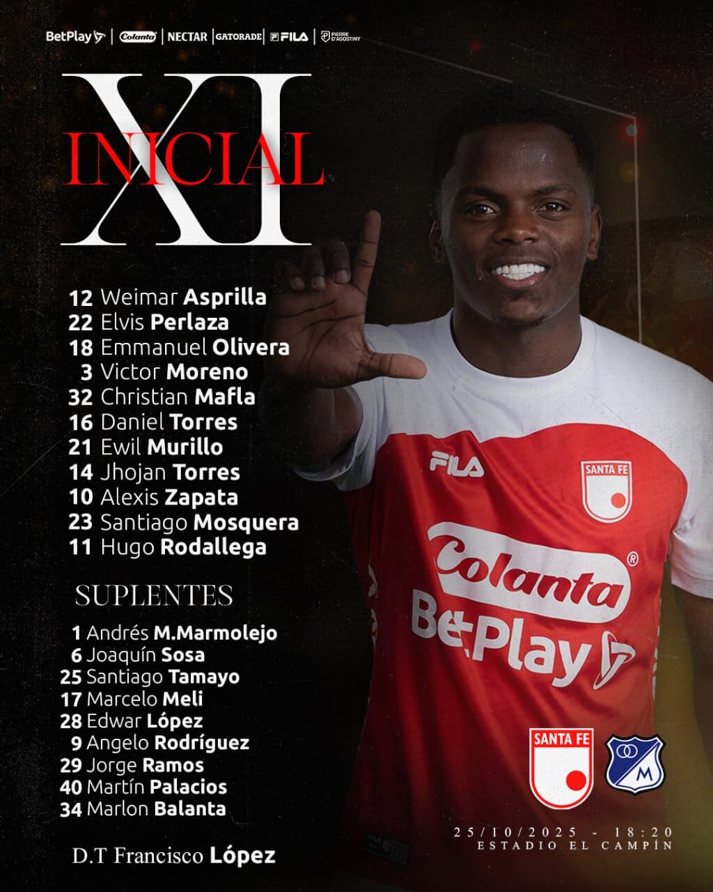 Esta es la alineación de Santa Fe para enfrentar a Millonarios en El Campín - crédito Santa Fe