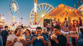 Tres personas comen elotes en primer plano frente a atracciones de feria iluminadas y un escenario con bailarines folclóricos.