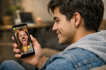 Joven con camisa de mezclilla observa la pantalla de su teléfono celular donde se ve a una mujer con filtro de perro y el texto 'LOL'.