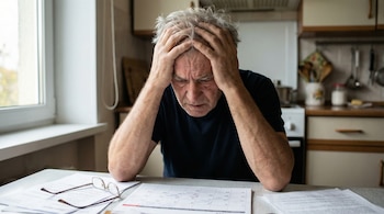 Hombre canoso de mediana edad con camiseta oscura, sentado a una mesa de cocina, se sujeta la cabeza con ambas manos, mirando hacia abajo, con papeles y gafas en la mesa.