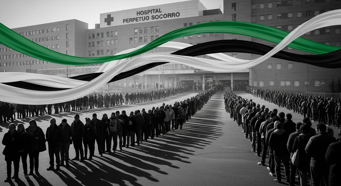 Imagen generada con IA que representa las largas filas de espera en la sanidad extremeña. (Imagen Ilustrativa Infobae)