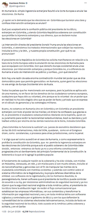 Gustavo Petro cuestionó el triunfo de Abelardo de la Espriella y denunció vulneración constitucional por apoyo de Donald Trump - crédito @petrogustavo/X