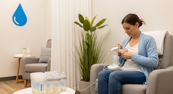 Una mujer sentada en un sillón gris extrae leche con un extractor eléctrico. En primer plano, varios biberones de leche. Al fondo, una planta y un símbolo de gota azul.