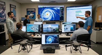 En un centro de monitoreo, varias personas observan pantallas de computadora que muestran datos de huracanes y operaciones con drones; dos drones están en la mesa.