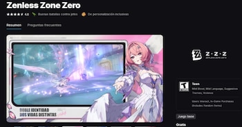 Captura de pantalla de la página de Zenless Zone Zero con título, calificación de 4.6 estrellas, imágenes, logo, clasificación Teen de ESRB y descripción