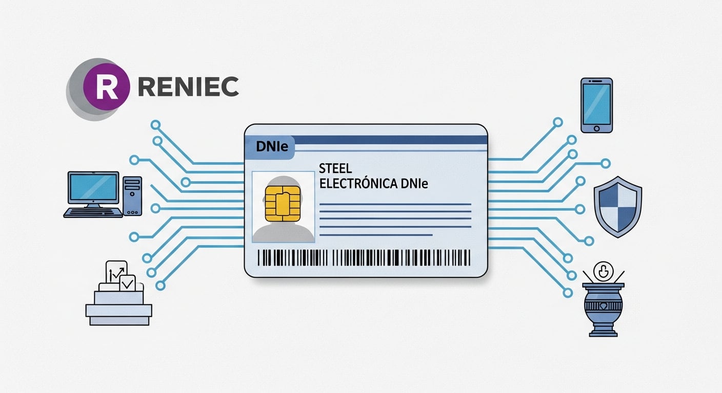 Ilustración del DNI electrónico peruano (DNIe) conectando digitalmente con íconos que representan servicios en línea como computadoras, móviles, seguridad y voto electrónico, simbolizando su función como llave de acceso digital. (Imagen Ilustrativa Infobae)