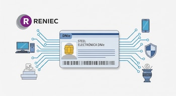 Una ilustración plana muestra el DNIe peruano con un chip, conectado mediante circuitos a íconos de computadora, móvil, escudo de seguridad y urna de voto digital.