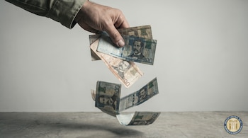 Mano deja caer billetes de pesos dominicanos sobre una superficie. Varios billetes están en el aire. Logo del Banco Central de la República Dominicana visible.