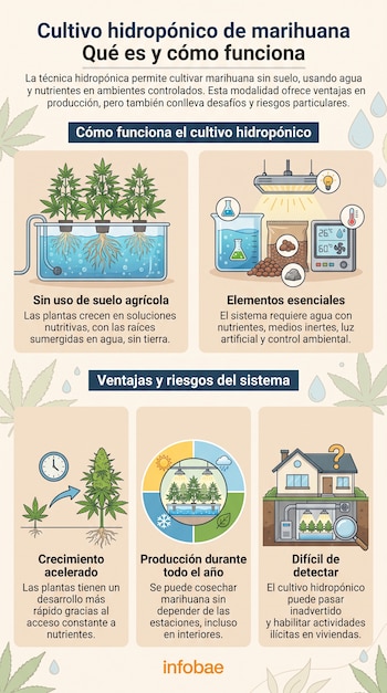 Infografía con ilustraciones de plantas de marihuana en sistemas hidropónicos, equipos de cultivo, una casa con sótano y logo de Infobae.