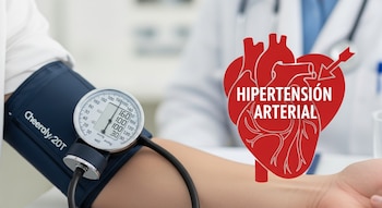 Una persona se mide la presión arterial con un esfigmomanómetro, mostrando una lectura elevada, con una ilustración de corazón rojo y el texto 'Hipertensión Arterial'.