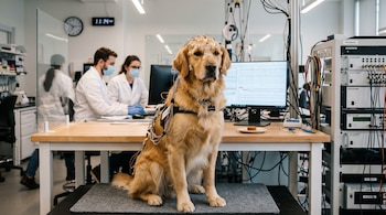 Un perro Golden Retriever con electrodos en la cabeza permanece sentado en una mesa dentro de un laboratorio frente a varios monitores.