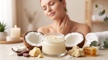 Tarro de vidrio con crema rodeado de mitades de coco, semillas de cacao, manteca de karité, panal de miel y una mujer desenfocada.
