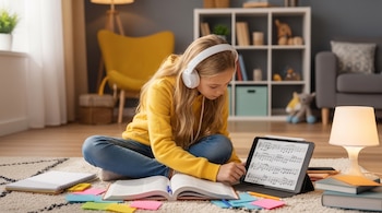 Niña con cabello rubio y auriculares blancos, sentada en el suelo sobre una alfombra, mira una tableta con partituras. La rodean libros, cuadernos y notas adhesivas.