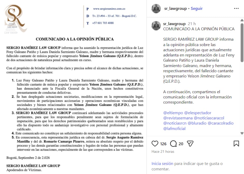 Familia de Yeison Jiménez instauró denuncia en la Fiscalía por presuntos actos económicos de desfalco en los bienes del artista - crédito @sr_lawgroup/IG