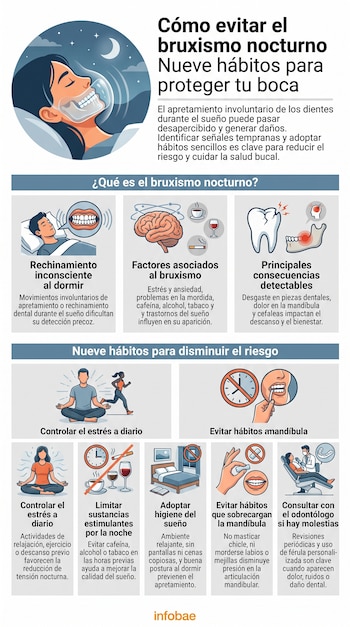 Infografía sobre bruxismo nocturno con ilustraciones de personas, un cerebro, dientes dañados, alimentos, reloj, cama y un dentista examinando una boca.