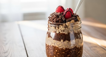 Frasco de vidrio con capas de avena trasnochada de chocolate, coronado con frambuesas rojas, trozos de chocolate y una cuchara en una mesa de madera clara.
