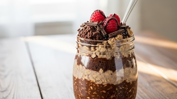 Avena trasnochada de pastel de chocolate: desayuno cremoso con esencia de postre saludable