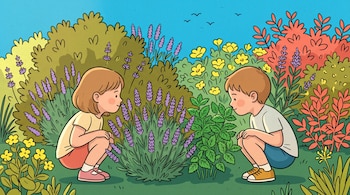 Una niña y un niño están agachados frente a plantas de lavanda y menta en un jardín con arbustos de colores.