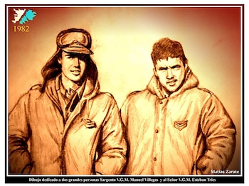 Dibujo sepia de dos hombres jóvenes, uno con gorra y gafas, ambos con chaquetas. En esquina superior izquierda, mapa de Islas Malvinas y año 1982. Texto de dedicatoria abajo