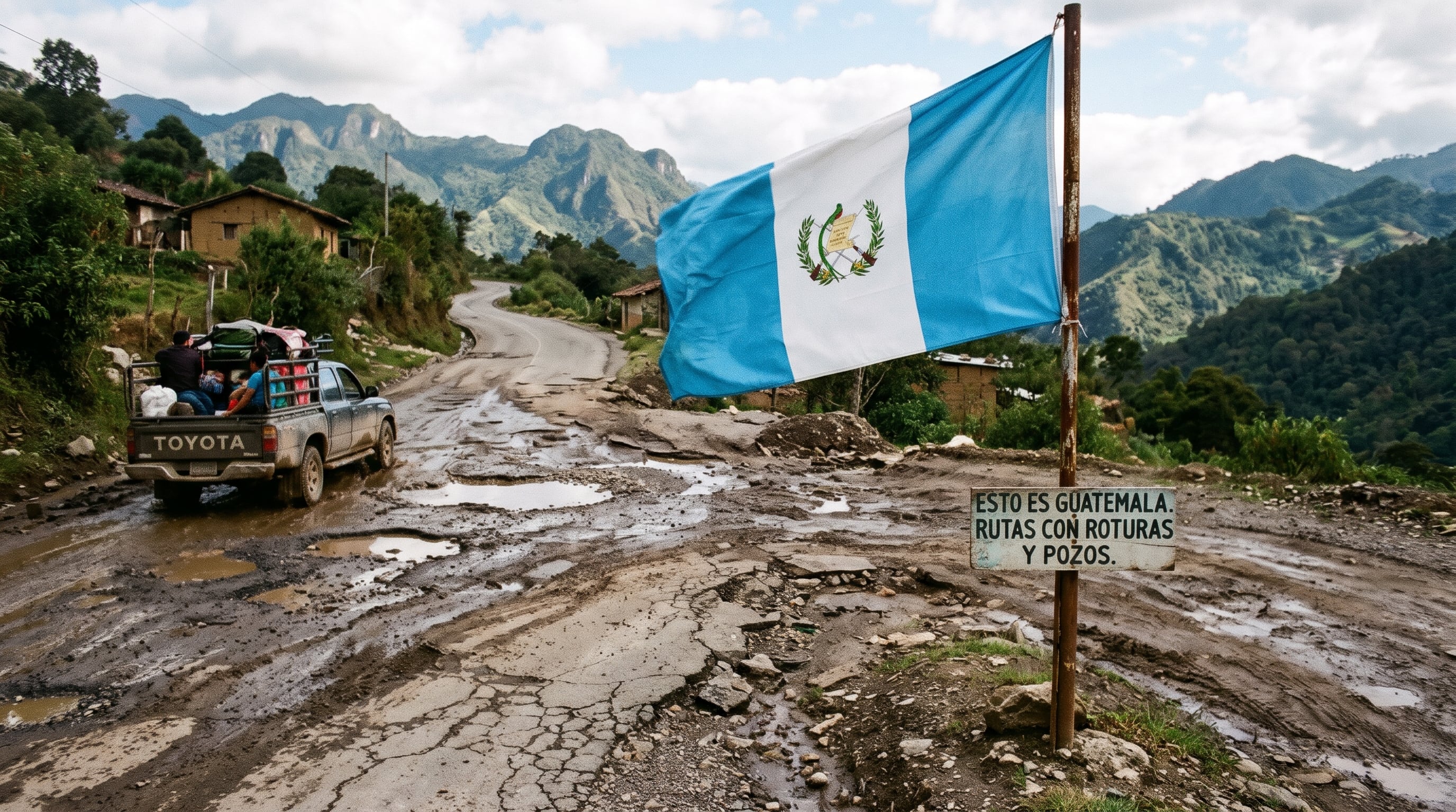 Una bandera de Guatemala y un cartel informativo se ubican junto a un tramo vial deteriorado con pozos y lodo por el cual transita una camioneta. (Imagen Ilustrativa Infobae)