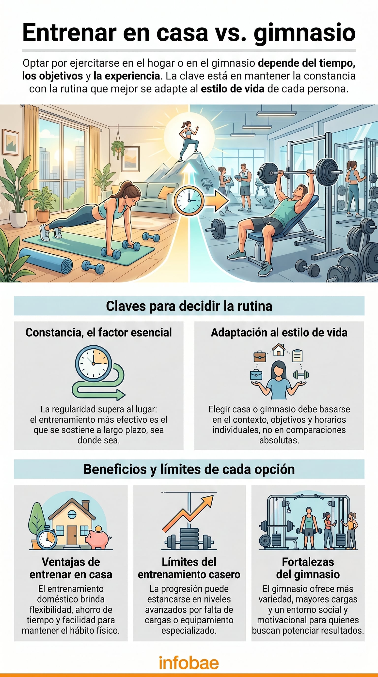 La infografía ilustra la comparación entre rutinas de ejercicio en casa y en el gimnasio, destacando factores como la constancia, la adaptación al estilo de vida y los beneficios de cada opción para optimizar los resultados físicos. (Imagen Ilustrativa Infobae)