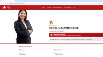 Captura de pantalla de página web de Voto Informado con fotografía de Keiko Sofía Fujimori, su nombre completo, partido Fuerza Popular y datos personales
