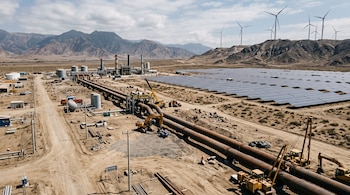 Tuberías de gas, maquinaria pesada, una planta industrial, paneles solares y aerogeneradores en un terreno árido con montañas.